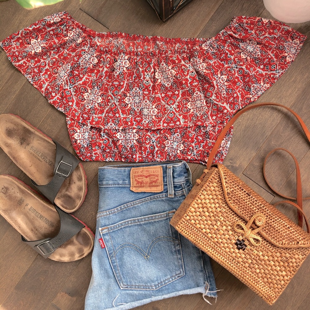 Hollister Crop off the Shoulder Red Ruffle Top
